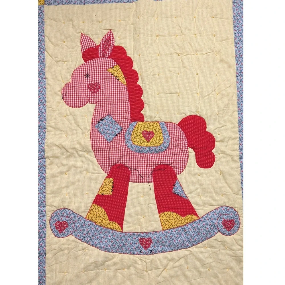 Vintage Handmade Rocking Horse Patchwork Quilt Heart Applique Baby Blanket 40x54